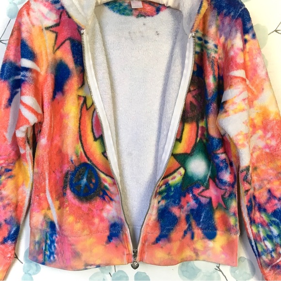 Justice Kids Rainbow Tie Dye Fleece Hoodie Sweatshirt Peace Stars Heart Zipper - Picture 8 of 14